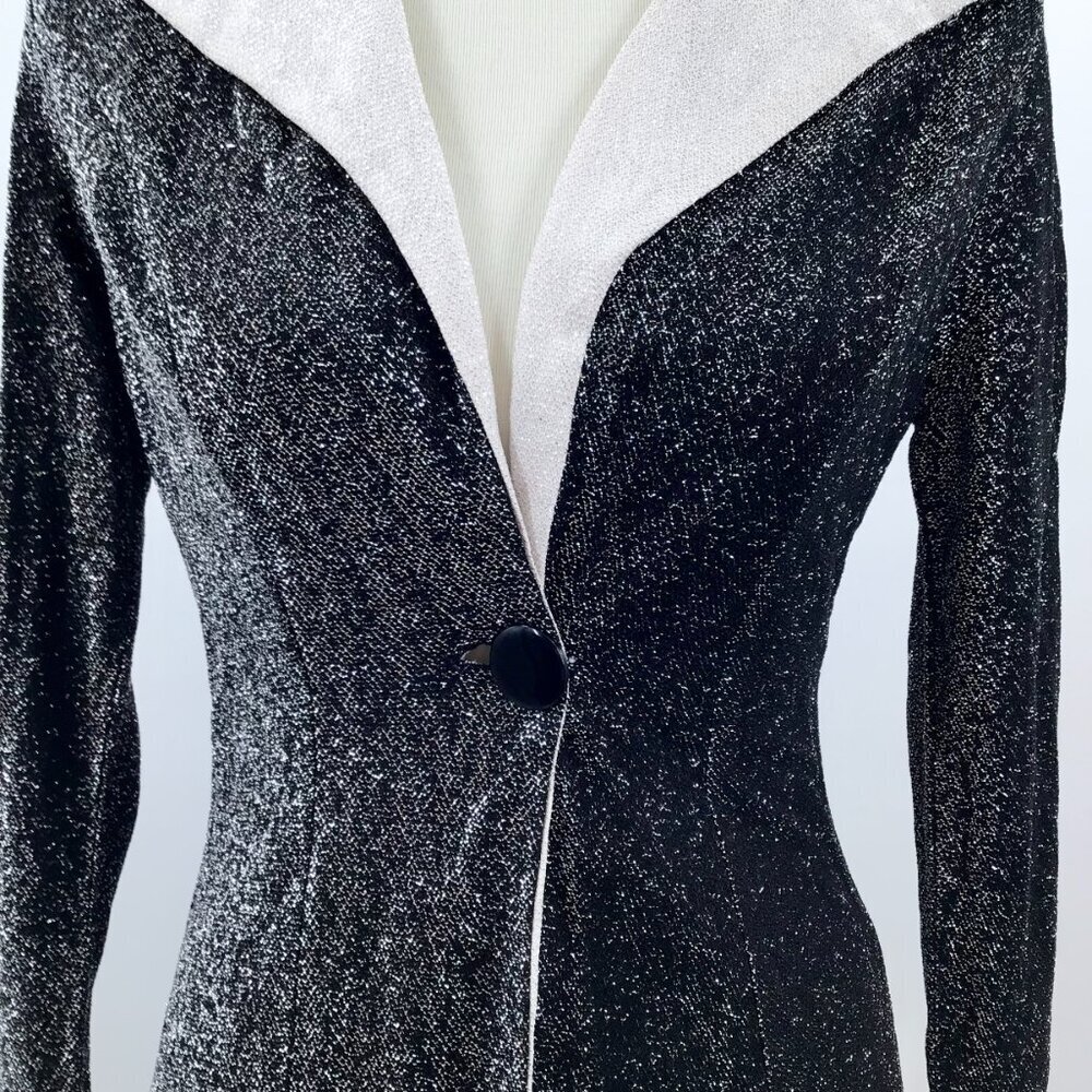 Vintage 1970s Disco Top Women's 10 Black White Metallic Butterfly Collar Retro - Picture 4 of 12